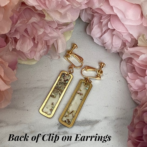 Boho Gilded Gold Rectangular Shell Dangle Earrings - Picture 14 of 16